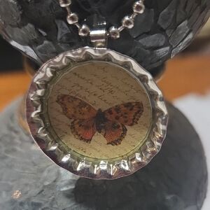 Butterfly Bottle Cap Pendant Necklace - Silver with Orange Butterfly